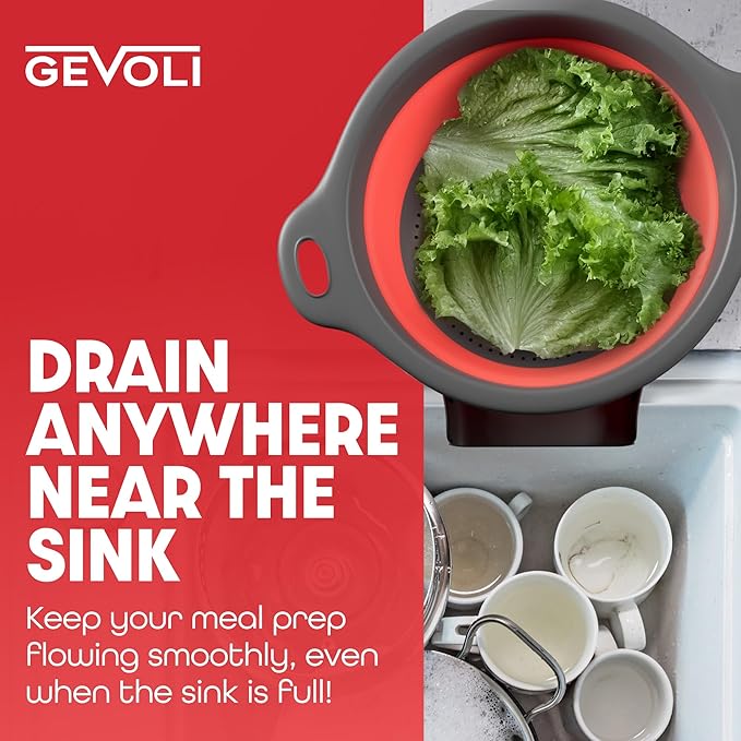 Gevoli Strainer with Self-Draining Base (5QT) Over-Sink Collapsible Kitchen Colander Set with Side-drain Base for Pasta Vegetables and Fruit, XL Large Capacity, Dishwasher Safe (5-Quart) Red/Gray