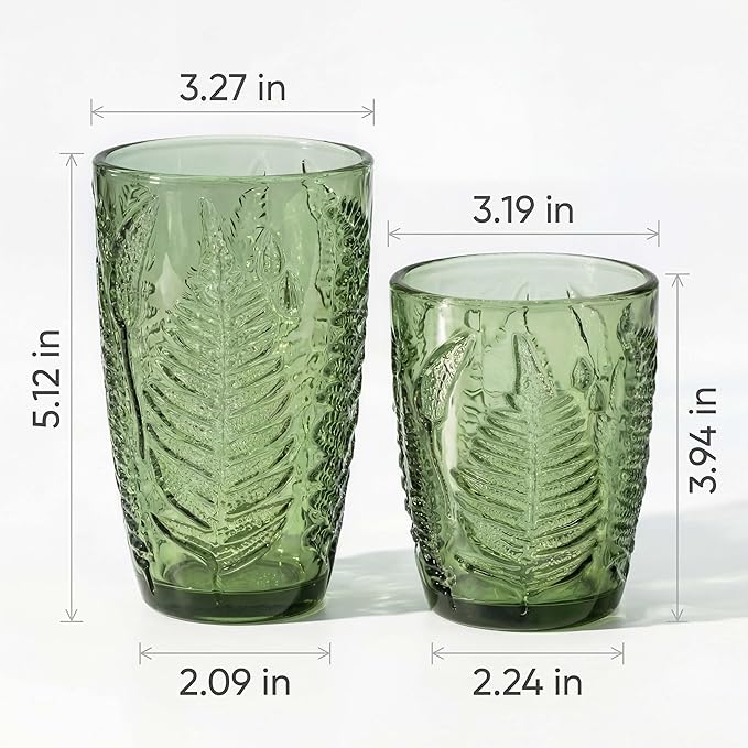 Vintage Green Drinking Glasses Set of 8, Mixed 10 oz & 12 oz Hand-Pressed Textured Glass Cups, Fern Embossed Retro Colored Glassware, Decorative Tumblers for Water & Cocktails, Boho Drinkware Gift Set