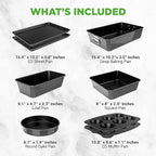 NutriChef 8 Piece Nonstick Bakeware Set | Carbon Steel Baking Pans for Oven | Includes Sheet Pan, Muffin, Loaf, Round and Square Cake Pan | Dishwasher Safe, Stackable Design Oven Safe up to 446°F