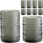 ZMOWIPDL Vintage Hobnail Drinking Glasses Set of 8,Grey 12 oz & 15oz Highball Glass Cups, Kitchen Drinkware Glassware,Embossed Water Tumbler,for Beer,Cocktail,Whiskey,Juice and Various Mixed Drinks