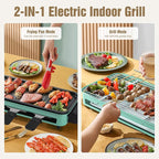 1500W Electric Indoor Grill, 2 in 1 Electric Griddle Nonstick with Grill Net & Removable Plate, 5 Adjustable Temperature Control Portable Korean BBQ Grill with 3 Small Trays