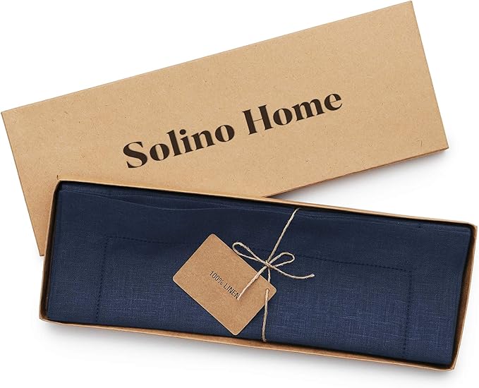 Solino Home Linen Cloth Placemats Set of 6-100% Pure Linen Hemstitch Navy Blue Placemats 14 x 19 Inch - Classic Hemstitch Table Place Mats for Holiday, Winter, New Year