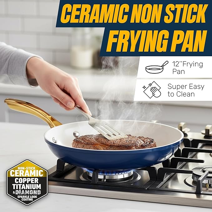 Gotham Steel 15 Pc Ceramic Pots and Pans Set Non Stick, Kitchen Cookware Sets, Pot and Pan Set, Ceramic Cookware Set, Non Toxic Cookware Set, Non Stick Pots and Pan Set, Dishwasher Safe - Navy