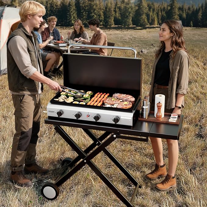 ROVSUN 4 Burner Foldable Propane Griddle with Wheels, Enameled Tray & Lid, 40000 BTU Portable Rolling Flat Top Gas Grill with Electronic Ignition & Regulator for Outdoor Cooking Camping BBQ Tailgating