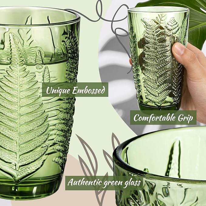 Reallnaive Green Drinking Glasses Set of 8, Boho Aesthetic Vintage Glassware Fern Paisley Carving Textured Tumbler Water Cups Embossed Pattern Drinkware Cocktail Set for Xmas Gifts (14 oz,Highball)