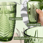 Reallnaive Green Drinking Glasses Set of 8, Boho Aesthetic Vintage Glassware Fern Paisley Carving Textured Tumbler Water Cups Embossed Pattern Drinkware Cocktail Set for Xmas Gifts (14 oz,Highball)
