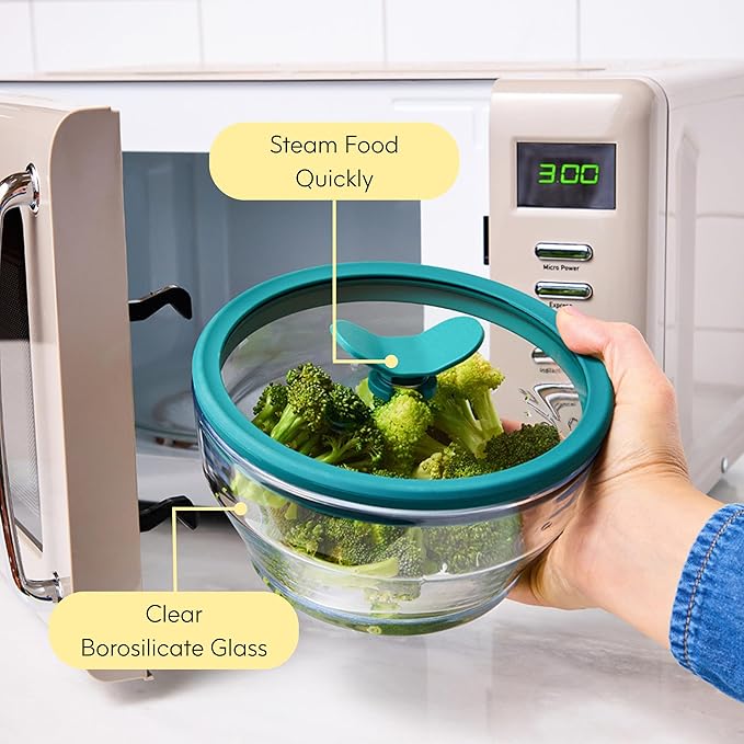 Anyday 4-Cup Glass Food Storage with Glass Lid, Round Deep Dish | Plastic-Free Meal Prep & Microwave Cookware | Stackable Airtight Storage Container with Vented Lid for Microwave-Safe Reheating