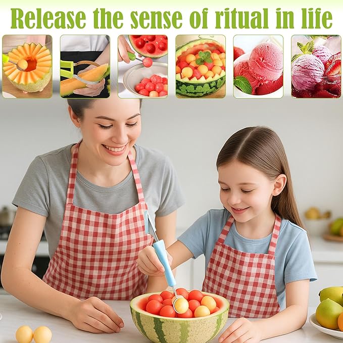 Suuker Melon Baller Scoop Set,Professional 4 In 1 Stainless Steel Fruit Carving Tools Knife Kit, Watermelon Knife for Ice Cream Melon,Dig Pulp Separator Fruit Slicer (Blue)
