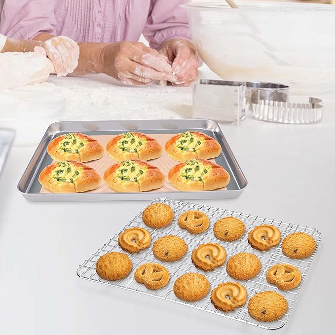 P&P CHEF 12.5 x 9.7 x 1 Inch Toaster Oven Pan with Grid Rack and Silicone Mat, Stainless Steel Toaster Oven Tray Baking Pan with Cooling Roasting Rack, Dishwasher Safe (3Pcs)