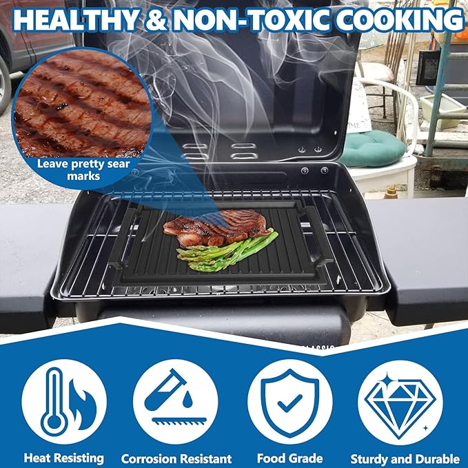 SafBbcue Cast Iron Pot, Griddle Pan Hot Plate Ridged Surface, Pre-Seasoned, Grill for Stovetop, Oven, Grill & Campfire, Suitable for Outdoor Cooking Kitchen and Patio Backyard, 17 x 11in