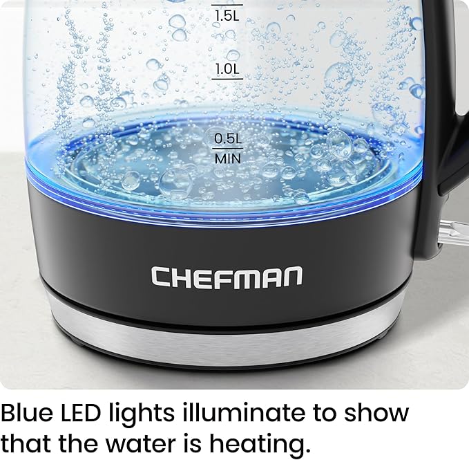 Chefman Electric Kettle, 1.8L 1500W, Hot Water Boiler, Removable Lid for Easy Cleaning, Auto Shut Off, Boil-Dry Protection, Stainless Steel Filter, BPA Free, Borosilicate Glass Electric Tea Kettle