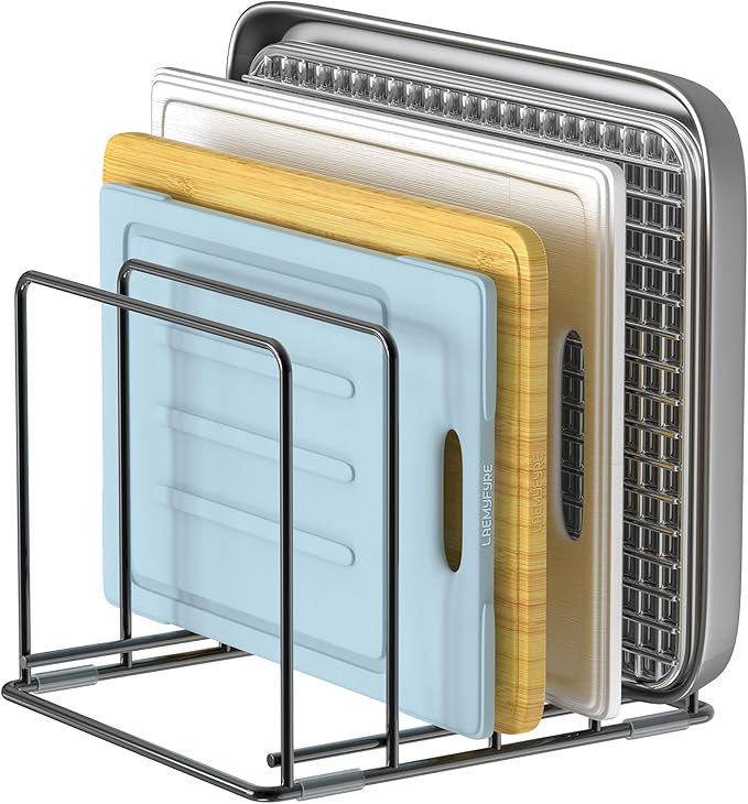 Kitchen Organizer Rack - 4-Slot Heavy-Duty Holder for Cutting Boards,Cookware – Rust-Resistant, Space-Saving Design with Non-Slip Feet for Countertop and Cabinet Storage (1 Pack)