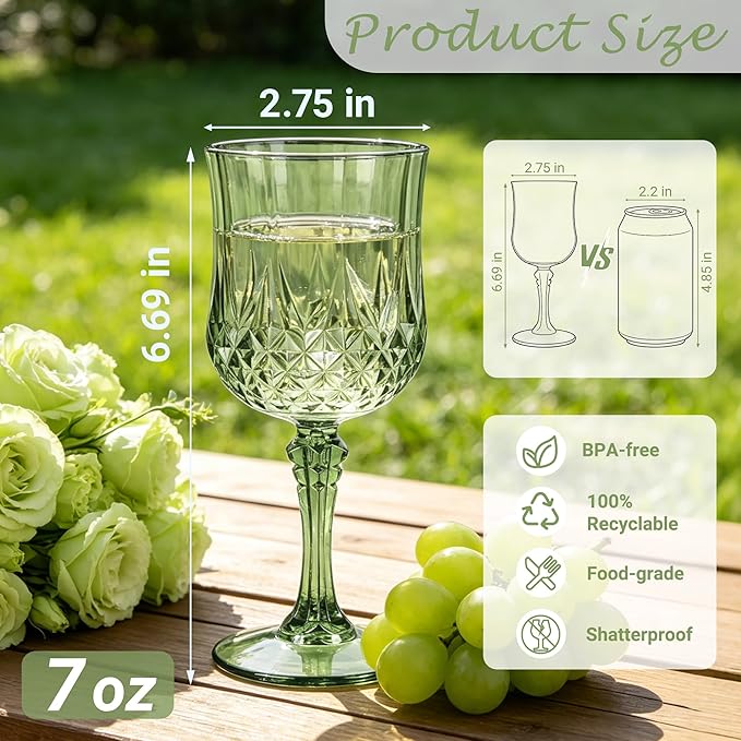 Plastic Wine Glasses, Plastic Goblets Vintage Style Cordial Unbreakable Drinking Glasses, Reusable Drinkware for Wedding Reception, Grand Event Party Supplies (24, New Green)
