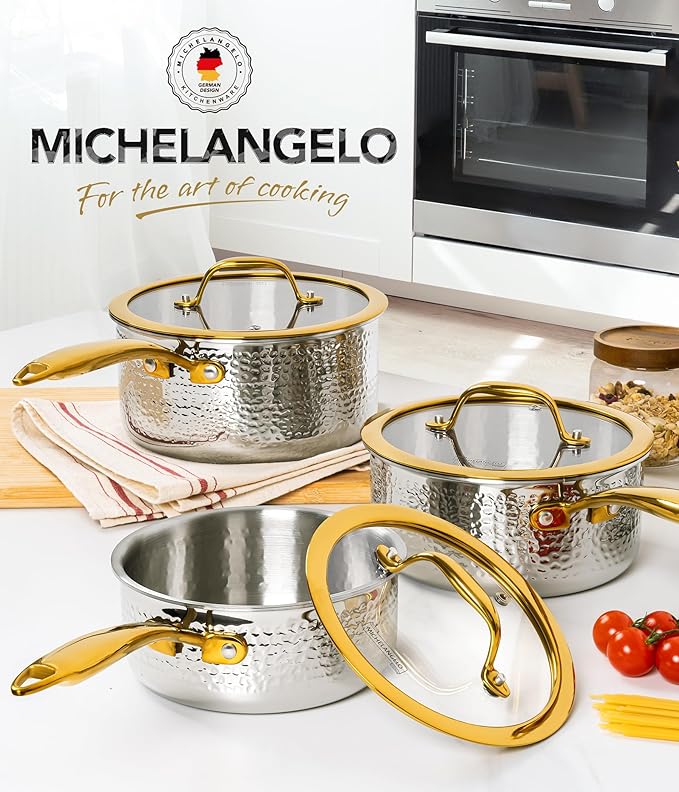Michelangelo Triply Stainless Steel Saucepan Set, Luxury Hammered Stainless Steel Sauce Pans with Golden Handle, Premium Sauce Pot Set, Induction Compatible