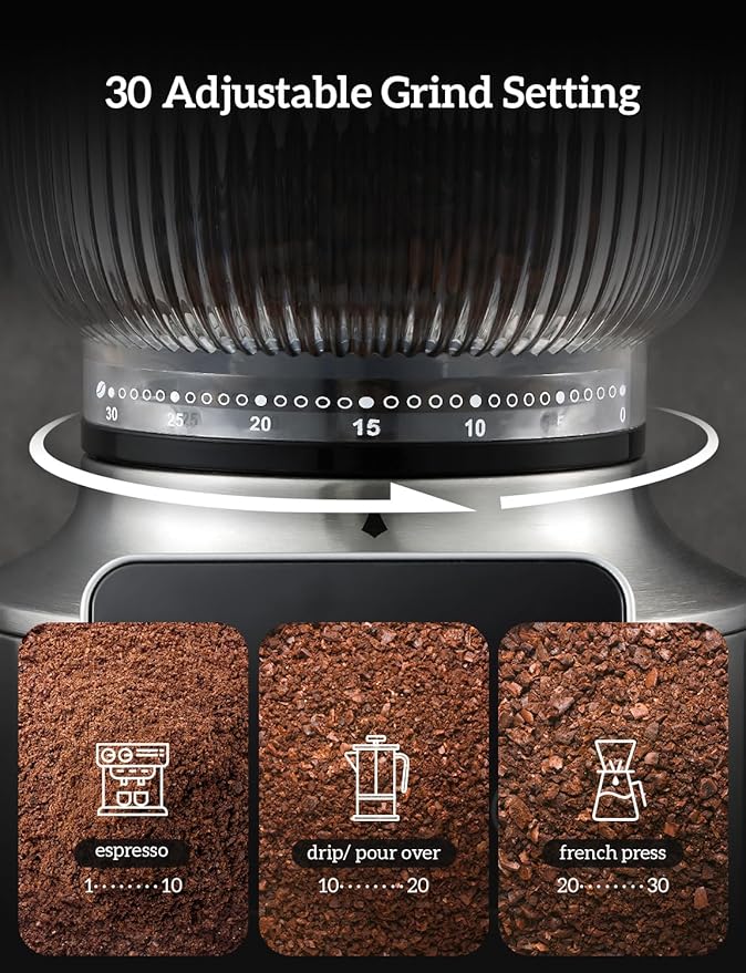 Neretva Espresso Grinder, 2 in 1 Professional Coffee Bean Grinder Stainless Steel Suit 51~58mm Portafilter Burr Coffee Grinder 30 Precise Setting&Anti-Static for Espresso/French Press/Drip/Moka-Silver