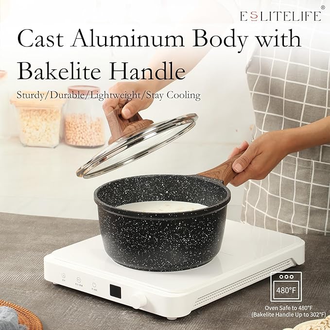 ESLITE LIFE Nonstick Sauce Pan with Lid, 1.5 QT Small Soup Pot Compatible with All Stovetops (Gas, Electric & Induction), PFOA Free, Black
