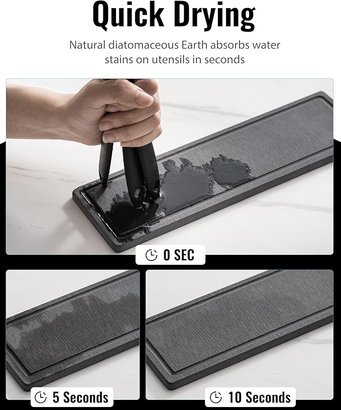 Utensil Holder for Kitchen Counter, Cooking Utensil Holder with Stone Drying Mat for Storage Spatula, Ladle, Scoop in Farmhouse Countertop with Wooden Pattern Printed, Matte Black