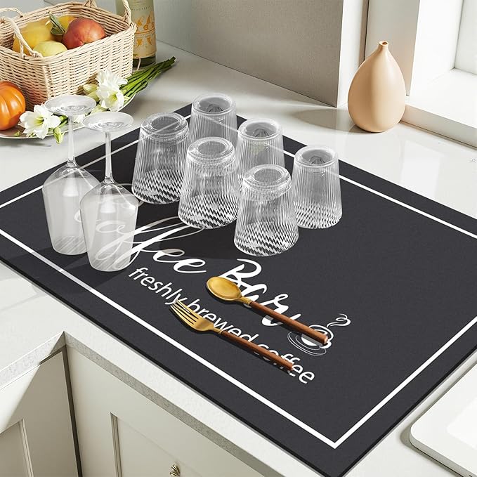 Findosom 12"x 20" Dish Drying Mat, Super Absorbent & Cuttable Coffee Mat, Hide Stain Bar Mat for Kitchen Counter, Coffee Bar Accessories, Black