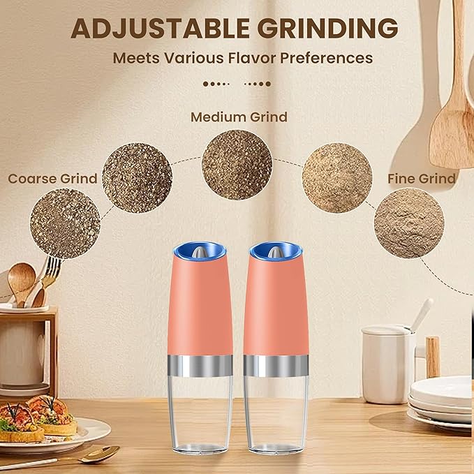 Gravity Electric Salt And Pepper Grinder Set, Automatic Salt And Pepper Grinder Set, Battery Powered (6 AAA Batteries Each), Adjustable Roughness, LED Light, 2 Pack, (Pink)