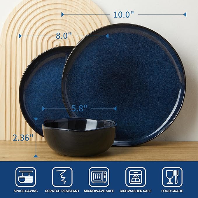 Pokini 18 Piece Stoneware Dish Set for 6, Reactive Glaze Ceramic Plates and Bowls Set | Coastal‑Inspired Irregular Design for Casual Entertaining & Intimate Dinners | Dishwasher & Microwave Safe