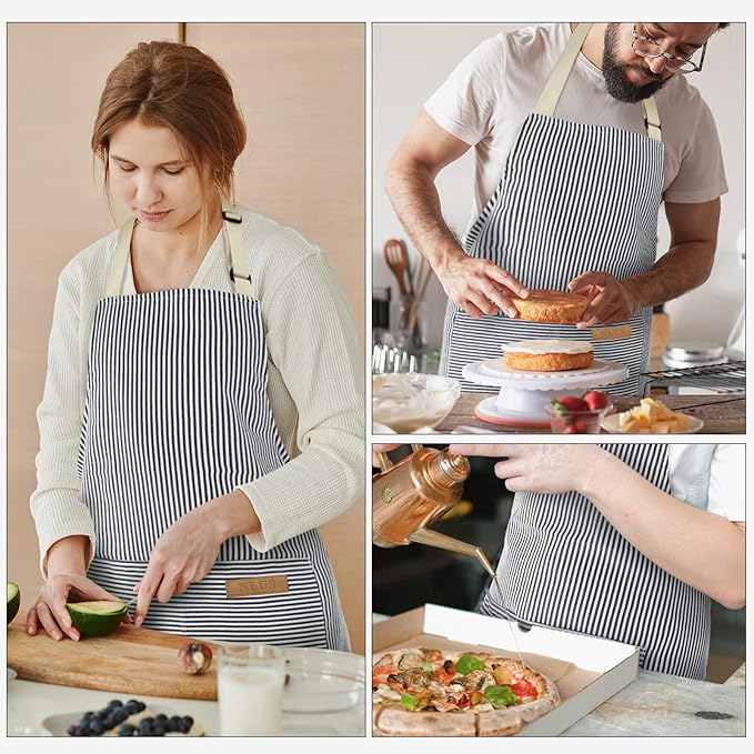 NLUS 2 Pack Cooking Aprons for Women with Pockets, Adjustable Kitchen Bib Aprons Chef Aprons for Women Men(Blue Pinstripes)