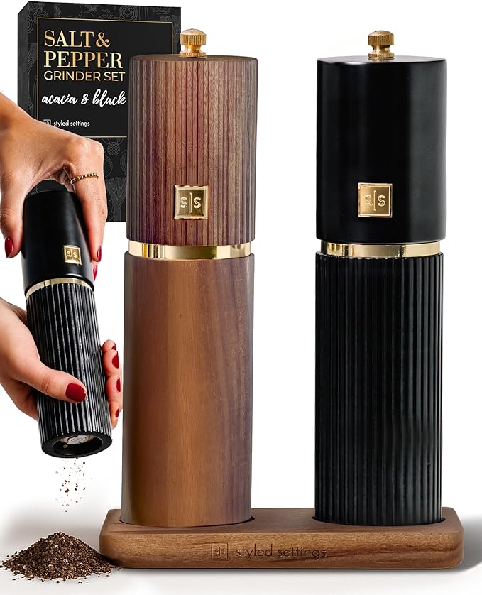 Wooden Salt and Pepper Grinder Set – Refillable Manual Salt and Pepper Mills with Adjustable Ceramic Burrs, Gold Detailing, and Wood Stand – Black and Dark Wood