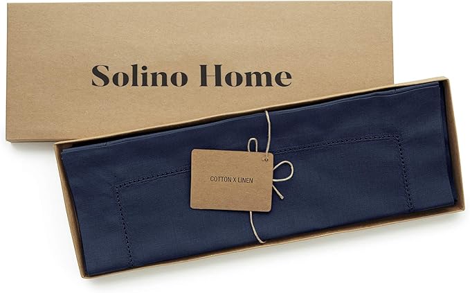 Solino Home Navy Blue Placemats Set of 4 - Cotton Linen Hemstitch Placemats 14 x 19 Inch for Winter, New Year