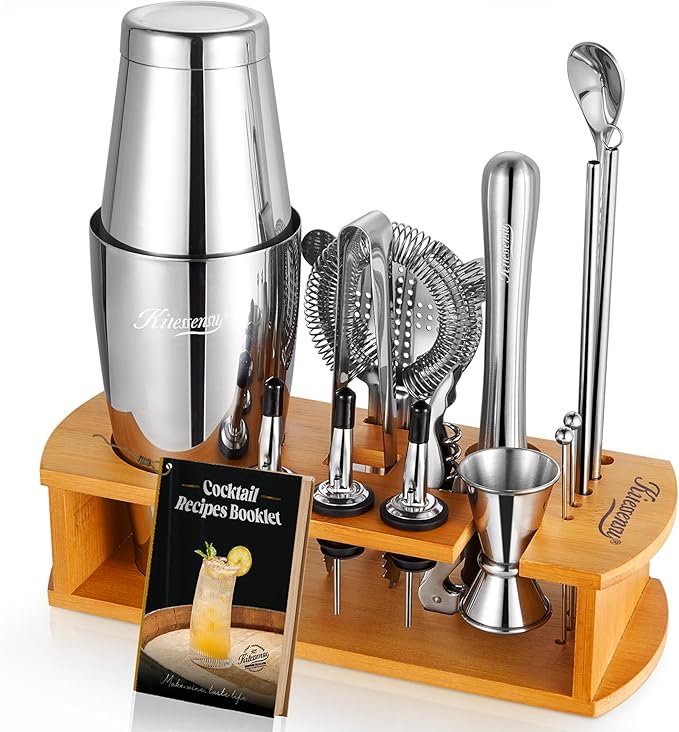 KITESSENSU Boston Shaker Set Bartender Kit with Stand | Bar Set Drink Mixer Set with All Essential Accessory Tools: Boston Shaker, Jigger, Strainer, Mixer Spoon, Muddler, Liquor Pourers |Silver