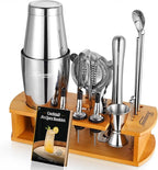 KITESSENSU Boston Shaker Set Bartender Kit with Stand | Bar Set Drink Mixer Set with All Essential Accessory Tools: Boston Shaker, Jigger, Strainer, Mixer Spoon, Muddler, Liquor Pourers |Silver