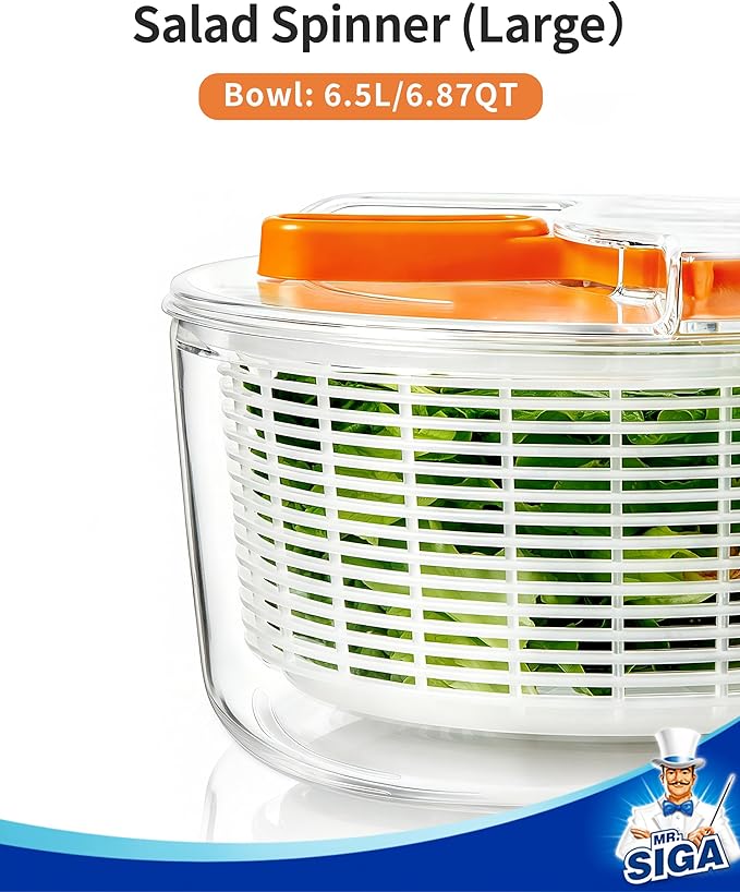 MR.SIGA Large Salad Spinner, Fruit Washing Bowl with Strainer, Salad Dryer for Washing, Spinning, and Draining Greens, Fruits, and Vegetables, 6.87 Quart Capacity