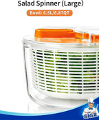 MR.SIGA Large Salad Spinner, Fruit Washing Bowl with Strainer, Salad Dryer for Washing, Spinning, and Draining Greens, Fruits, and Vegetables, 6.87 Quart Capacity