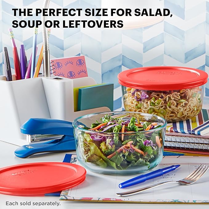 Pyrex Simply Store Glass Food Storage Container, Snug Fit Non-Toxic Plastic BPA-Free Lids, Freezer Dishwasher Microwave Safe, 4 Cup