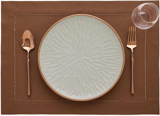 Solino Home Linen Placemats Set of 4 - Classic Hemstitch Brown Placemats 14 x 19 Inch - 100% Pure Linen Table Mats