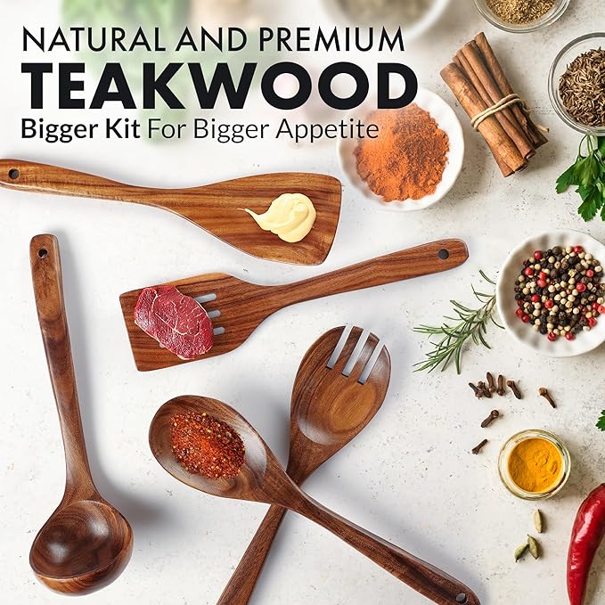 Zulay Kitchen Extra-Large 5-Piece Wooden Spoon Set - Smooth Teak Cooking Utensils - Comfort-Grip Non-Stick Turner, Spatula, Skimmer, Fork, Serving Spoon