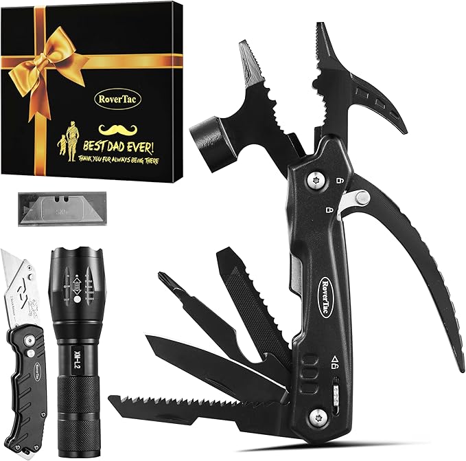 RoverTac Dad Tool Gift Set, 12-in-1 Multitool Hammer, Flashlight & Utility Knife in a Gift Box with "BEST DAD EVER", Unique & Practical Gift for Dad on Father’s Day, Birthday, Christmas & Retirement