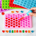 WARM TIME Gummy Bear Candy Molds Silicone, Mini Gummy Molds with 2 Droppers & 1 Cleaning Brush, Food Grade Non-Stick Silicone Molds Including Heart, Dinosaur, Bear, Donut, and Fruit, Set of 5