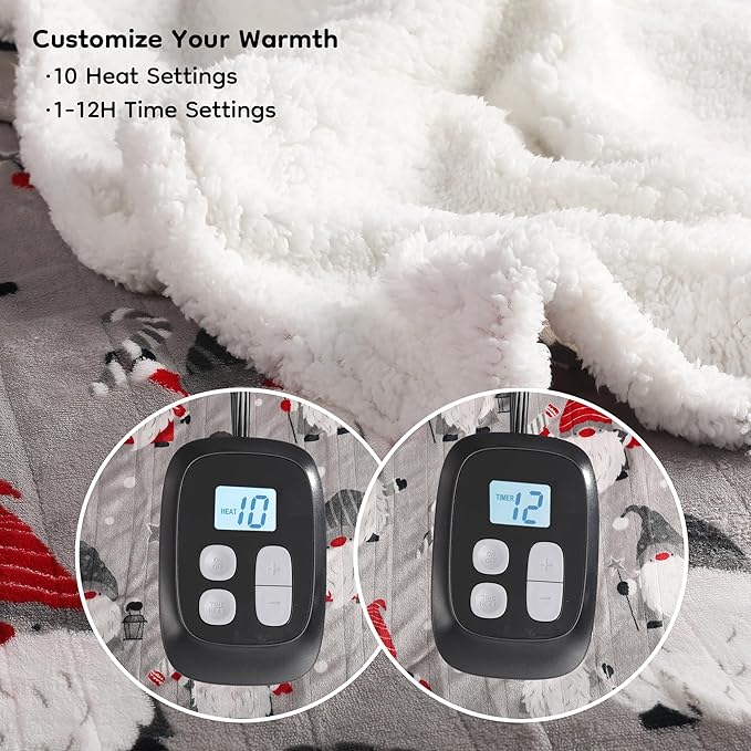 Electric Heated Blanket Queen Size - 84"x90", 10 Heating Levels, 1-12 H Auto Shut Off, Dual Controllers, Breathable Flannel Warm and Washable for Bed, Santa Claus for Christmas