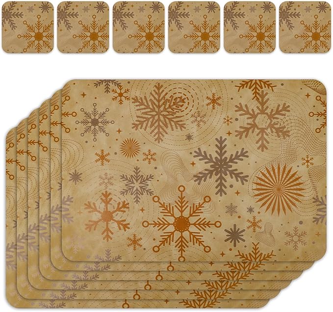 Le courant 16.9in 6PACK Winter Decoration Snowflake Placemats with 6 Coasters, Reversible Faux Leather Easy Clean Waterproof Stain Resistant Place Mats, for Home Party Dining Holiday Table Decor