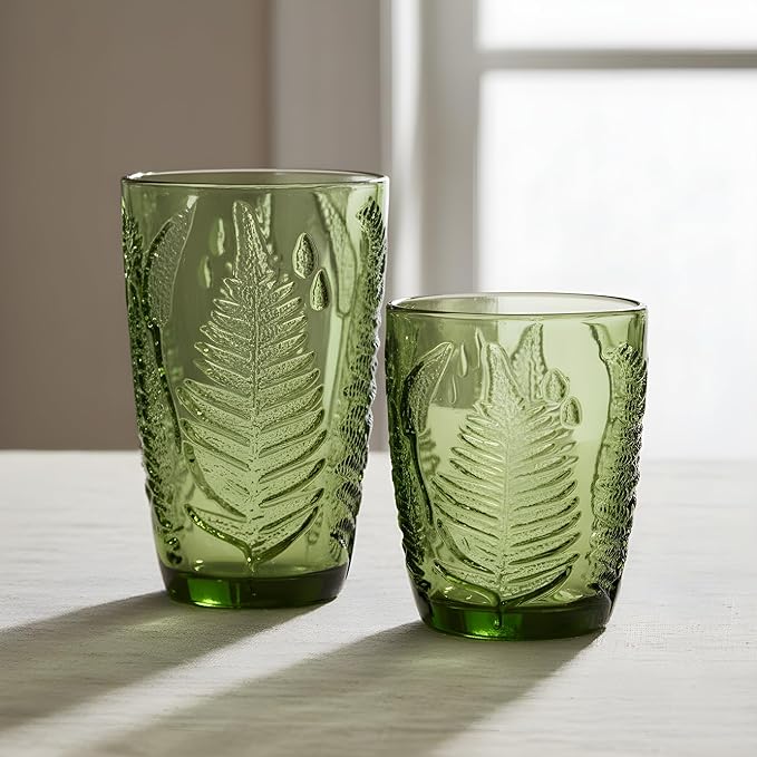 Vintage Green Drinking Glasses Set of 8, Mixed 10 oz & 12 oz Hand-Pressed Textured Glass Cups, Fern Embossed Retro Colored Glassware, Decorative Tumblers for Water & Cocktails, Boho Drinkware Gift Set