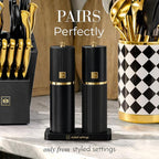 Wooden Salt and Pepper Grinder Set – Refillable Manual Salt and Pepper Mills with Adjustable Ceramic Burrs, Gold Detailing, and Wood Stand – Black