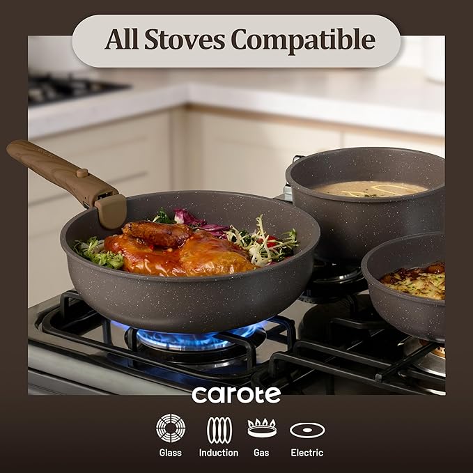 CAROTE 17PCS Pots and Pans Set Non Stick with Detachable Handle, Nonstick Cookware Sets, Cooking Kitchen Set, Oven/Dishwasher Safe, Induction Cookware, Brown, RV Kitchen Pot and Pan