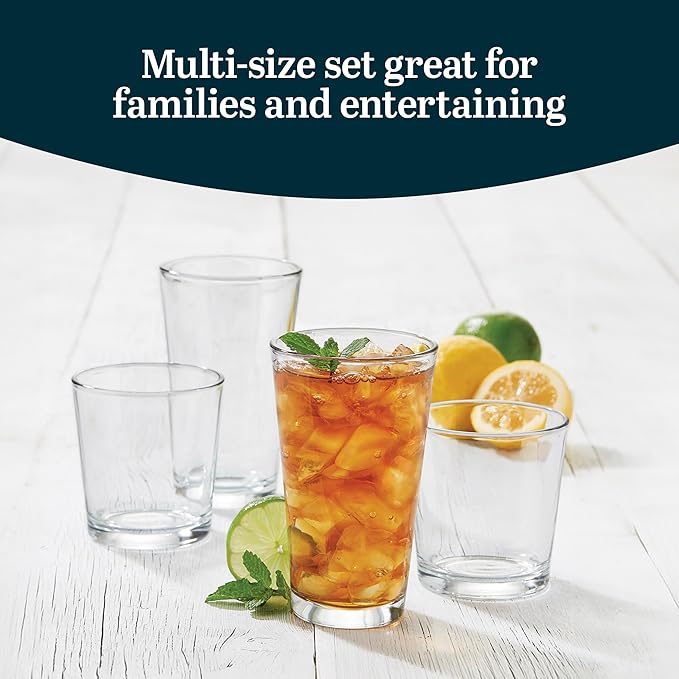 Libbey Flare Rocks, Glass Tumbler Set, Stylish Lead-Free Drinking Glasses Set of 16, Dishwasher-Safe Glass Cups Set for Daily Use and Parties