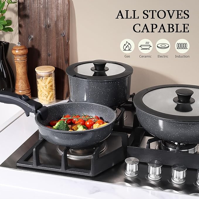 GiPP Ceramic Pots and Pans Set Non Stick, Nonstick Detachable Handle Cookware Sets, Healthy Non Toxic PFAS PFOA & PTFE Free, Dishwasher ＆Oven Safe, Induction Kitchen Pot and Pan, 15 Piece Grey