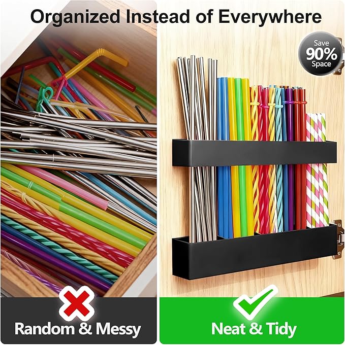9.5” Large Acrylic Straw Holder for Cabinet Door, Reusable Adjustable Two-Part Straws Organizer with Ultra Sticky Adhesive Strips, 2026 Straw Storage for Kitchen Cupboard (Black)