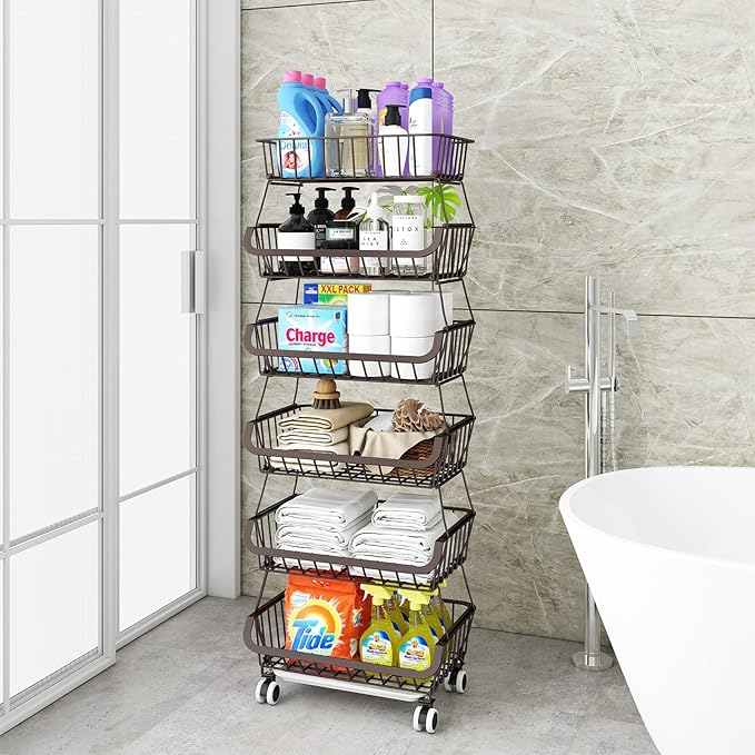 Miyawell Fruit Vegetable Storage Basket for Kitchen - 6 Tier Stackable Metal Wire Baskets Cart with Rolling Wheels Utility Fruits Rack Produce Snack Organizer Bins for Pantry Bathroom Laundry Bronze