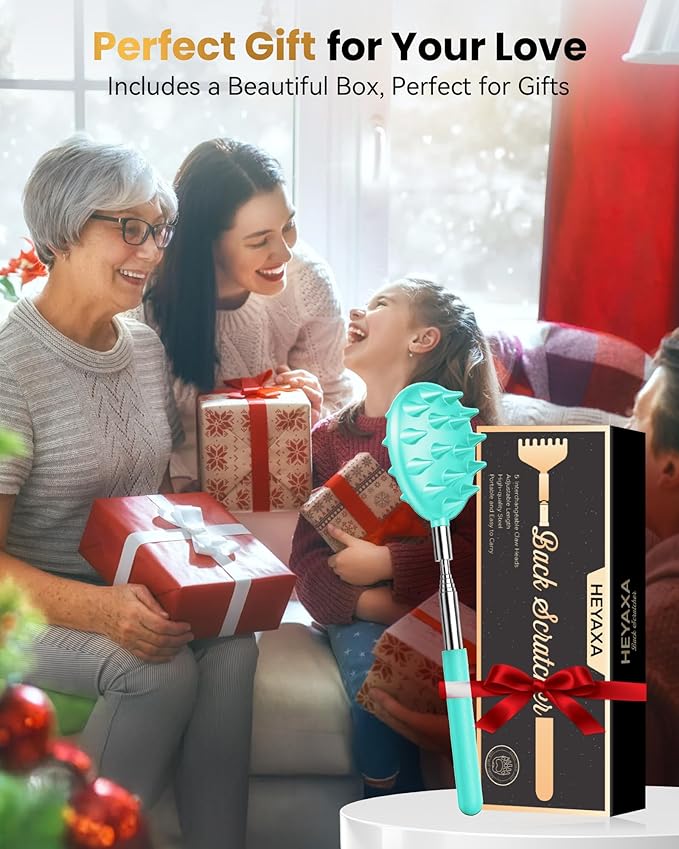 Telescoping Back Scratcher with 5 Detachable Heads, Gifts for Christmas, Stocking Stuffers for Men, Women, Him, Her, Dad, Funny White Elephant Gifts for Adults, Gift Box Included
