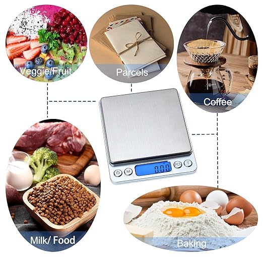 Food Scale Digital Weight 3000g/0.1g Oz Grams and Ounces Kitchen Scale for Cooking Baking with Backlight LCD Display, Tare, 9 Units, Auto Off, 2 Trays, Batteries Included - Stainless Steel