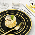 BESTVIP 300PCS Black Gold Dinnerware Set for 50 Guests, Plastic Plates for Halloween Party and Christmas, 50 Disposable Plates, 50 Dessert Plates, 50 Cups, 50 Spoons, 50 Forks and 50 Knives