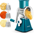 NutriChef 3 in 1 Cheese Grater & Shredder | Strong Suction Base, Rotary Handle with Safety Lock | Includes Hand Crank & 3 Drum Blades for 3 Textures, Fine, Medium & Strips | Green