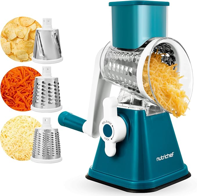 NutriChef 3 in 1 Cheese Grater & Shredder | Strong Suction Base, Rotary Handle with Safety Lock | Includes Hand Crank & 3 Drum Blades for 3 Textures, Fine, Medium & Strips | Green
